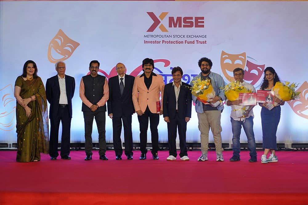 Celebrating World Investor Week 2025 with Nivesh Ka Hasyamanch. Dignitaries felicitating comedians Ahsaan Qureshi, Parijat Sarkar, Siddharth Shetty, and Priyadarshini Indalkar for their performance.